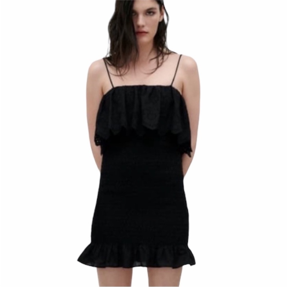 ZARA Strappy Smocked Embroidered Ruffle Bodycon Mini Dress Size Small